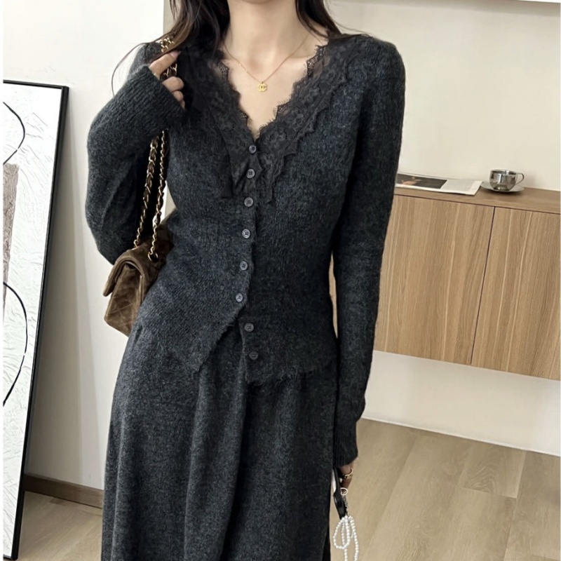 Longline Cardigan Knit - Coreano renda de manga comprida de