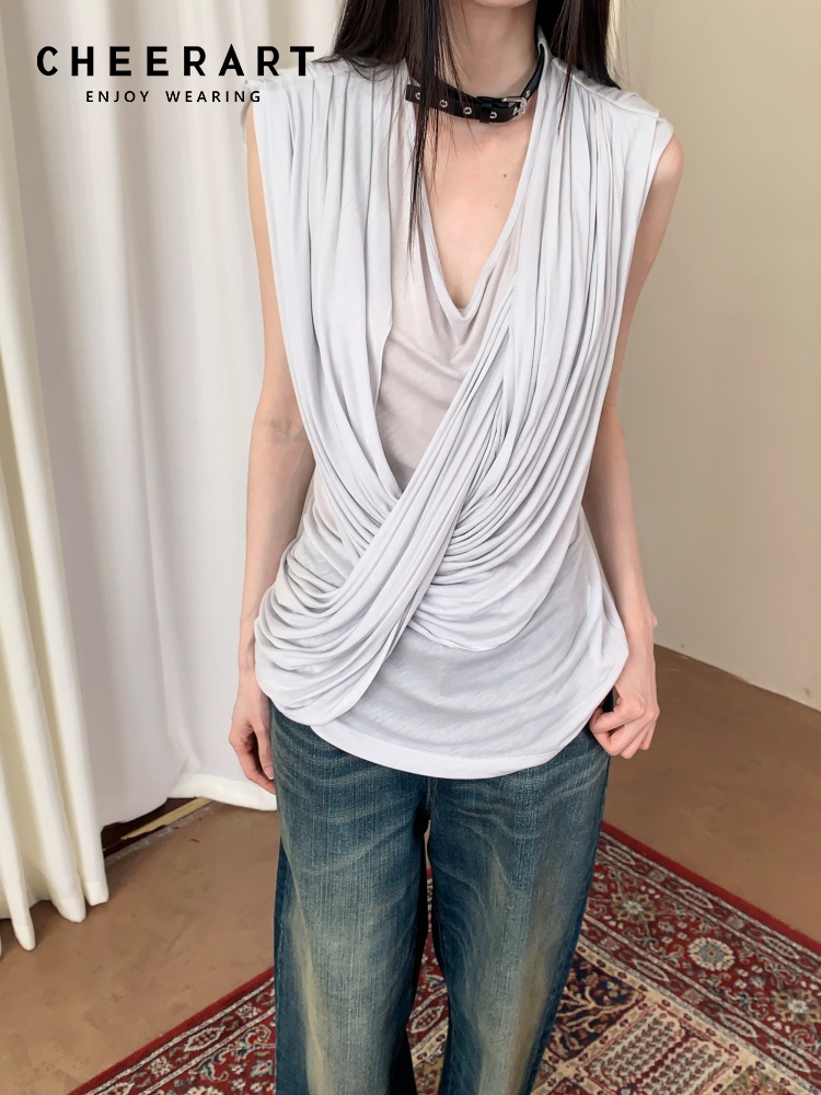 Women'S Fashion Designer Clothes - CHEERART Top sem mangas com decote